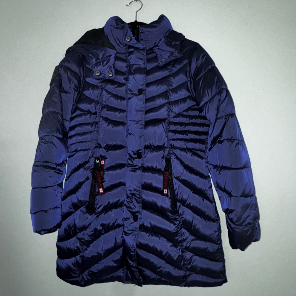 Canada Weathergear Blue Hooded Collared Long Puffer Jacket Full Zip Button S